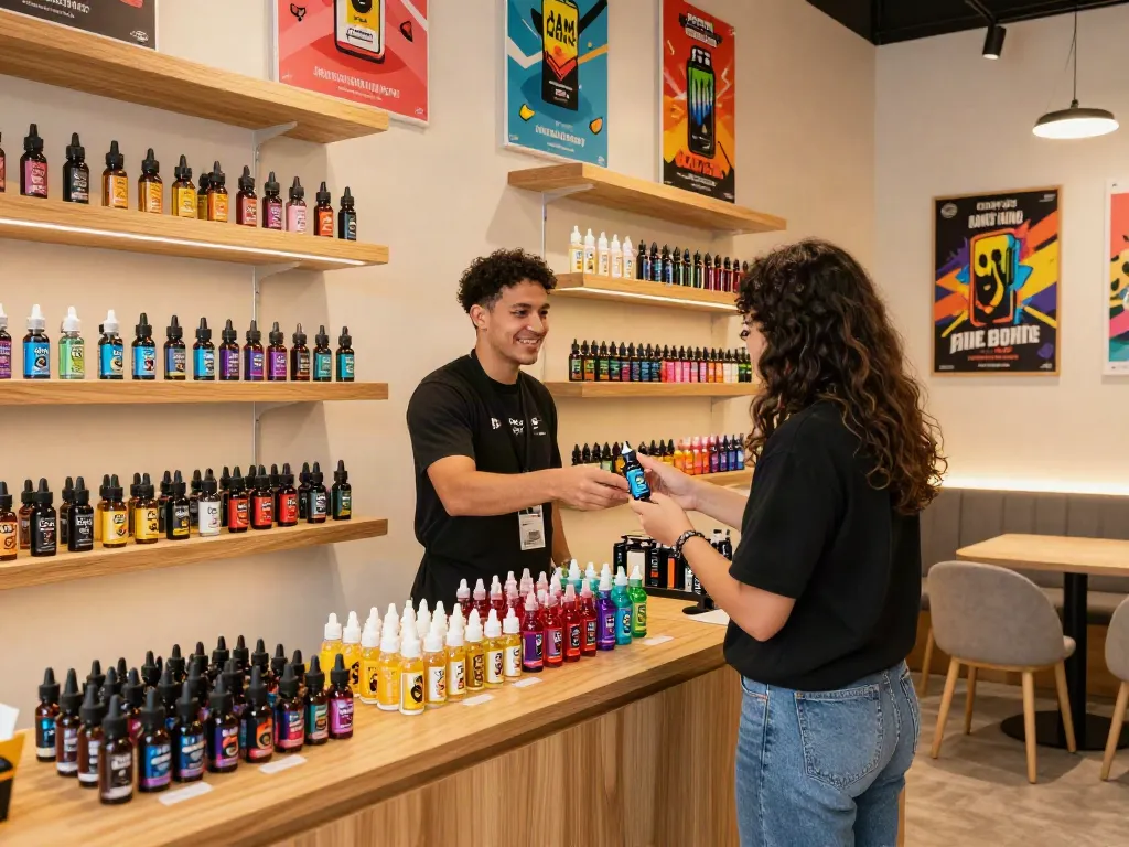 Salt nicotine e-liquids showcased in a warm, inviting vape shop setting.