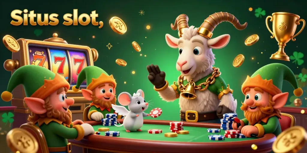 Situs slot illustration featuring a festive Krampus goat, an angel mouse, and gremlins in a lively casino setting.