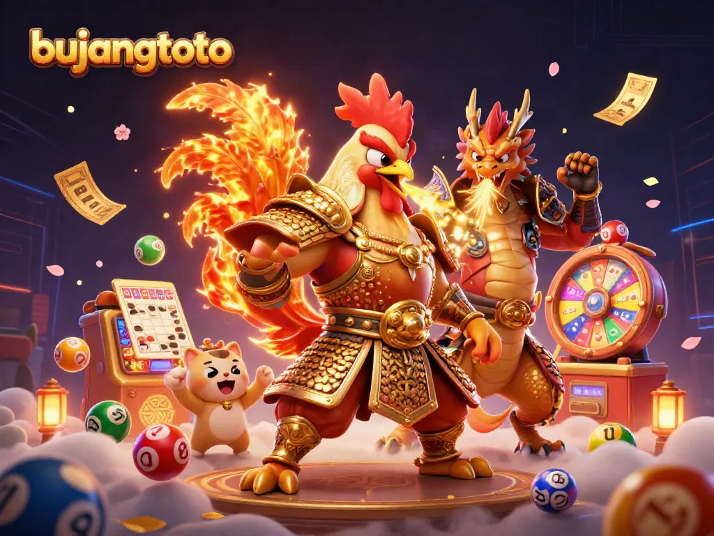 Experience the thrill of bujangtoto with an exciting 3D illustration of a rooster warrior and dynamic lottery elements.