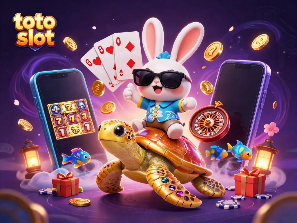 Experience the thrill of toto slot with a lively 3D scene featuring a lucky rabbit and golden sea turtle.