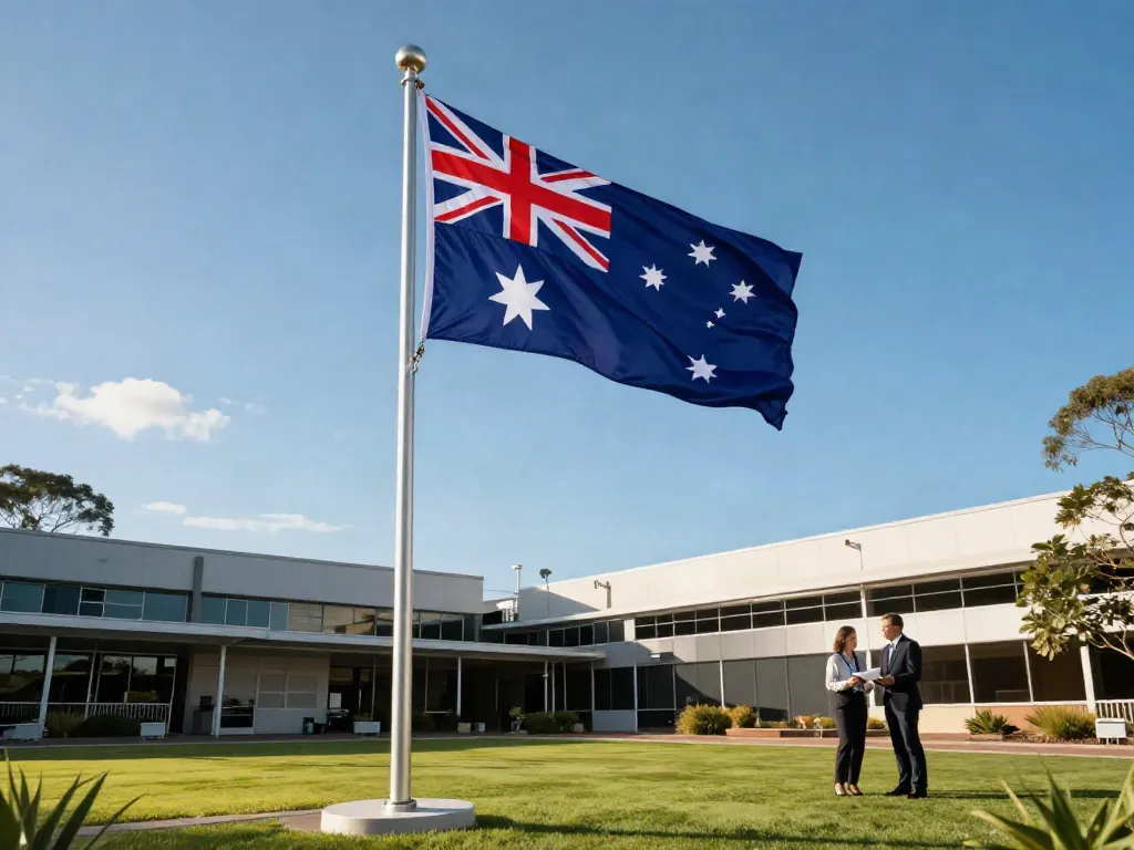 Premium aluminium flagpoles Australia displaying the Australian flag in a public setting.