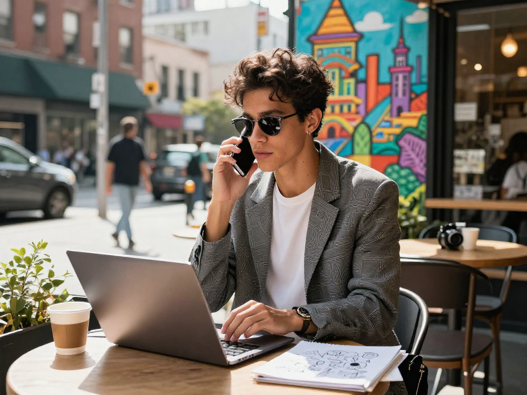 Chân dung gái gọi tự tin tại quán cà phê, laptop mở và điện thoại trong tay.