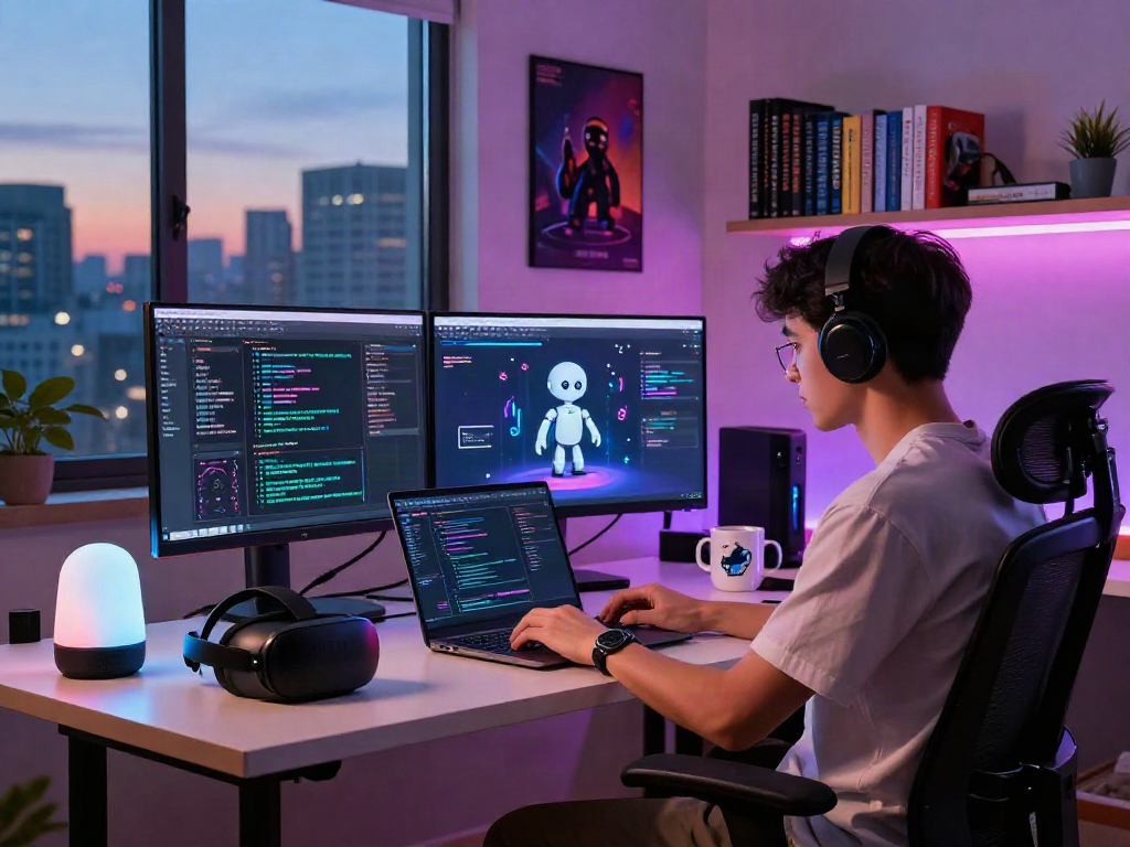 Innovative developer programming a sex bot application in a futuristic home office.