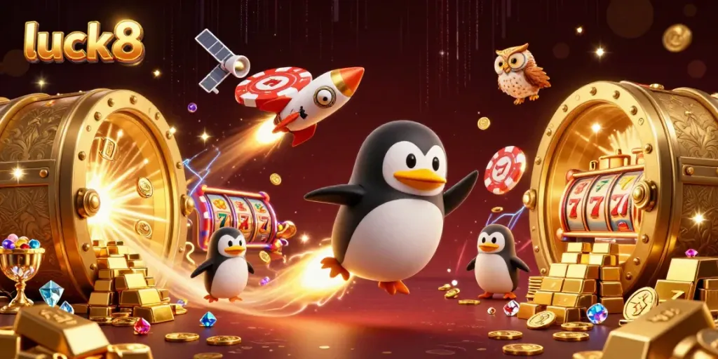 Experience exciting adventures with luck8 as a golden penguin explores a cosmic casino world.