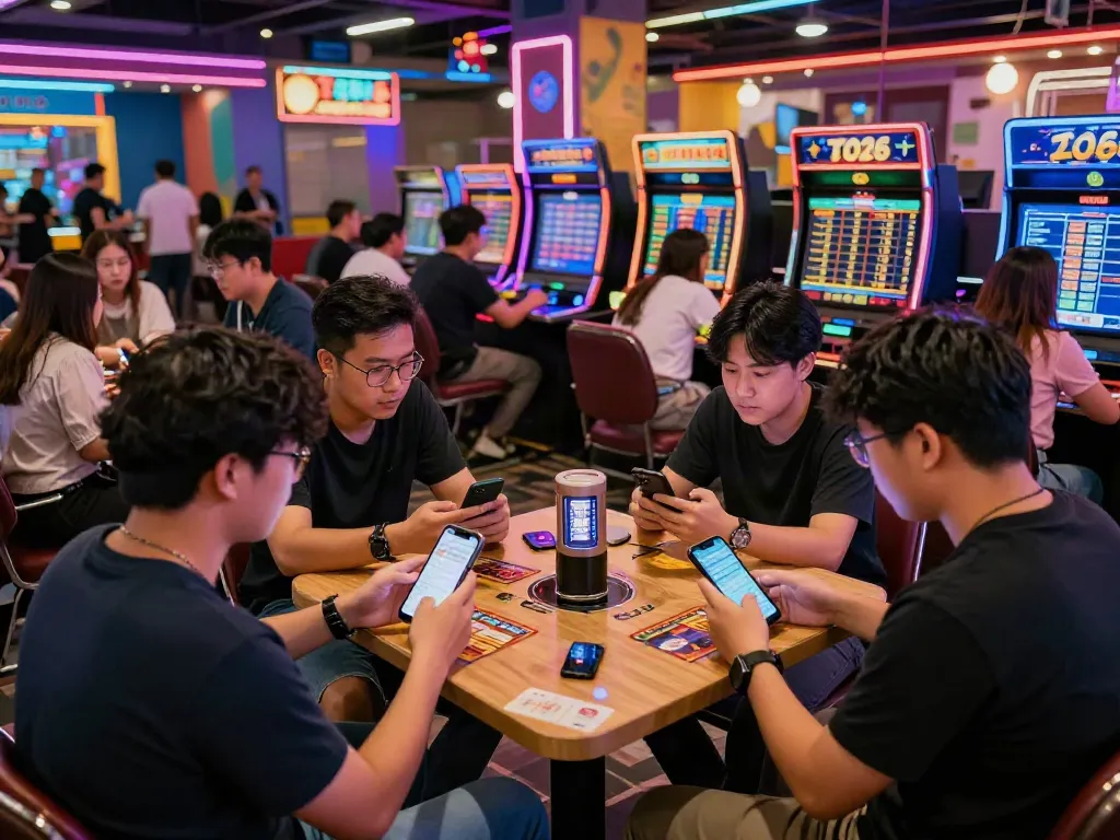 Dynamic urban setting featuring friends discussing togel online strategies at a vibrant gaming venue.