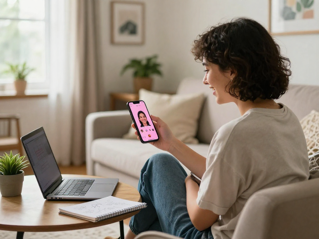 Engaging in a pink chat video session at home, person smiling with smartphone.