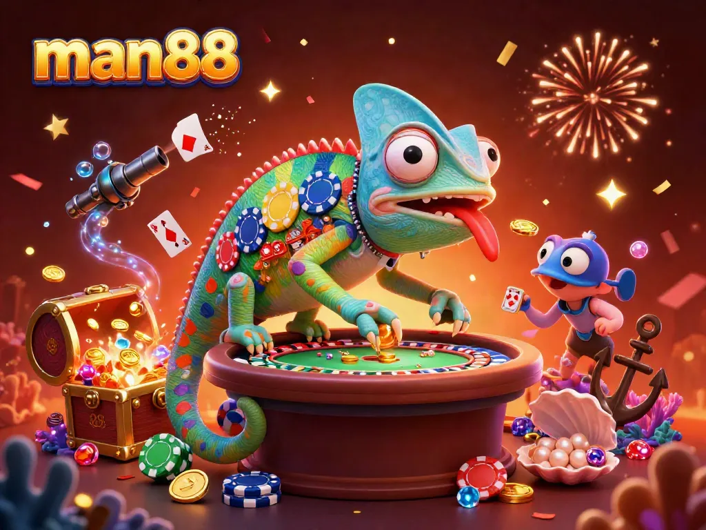 Experience thrilling gameplay with man88, featuring a vibrant chameleon casino owner amidst colorful game elements.