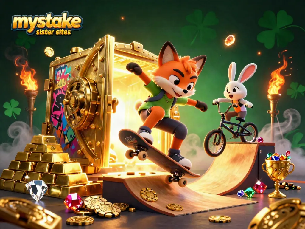 Engage with mystake sister sites in a vivid casino scene showcasing golden treasures and gaming flair.