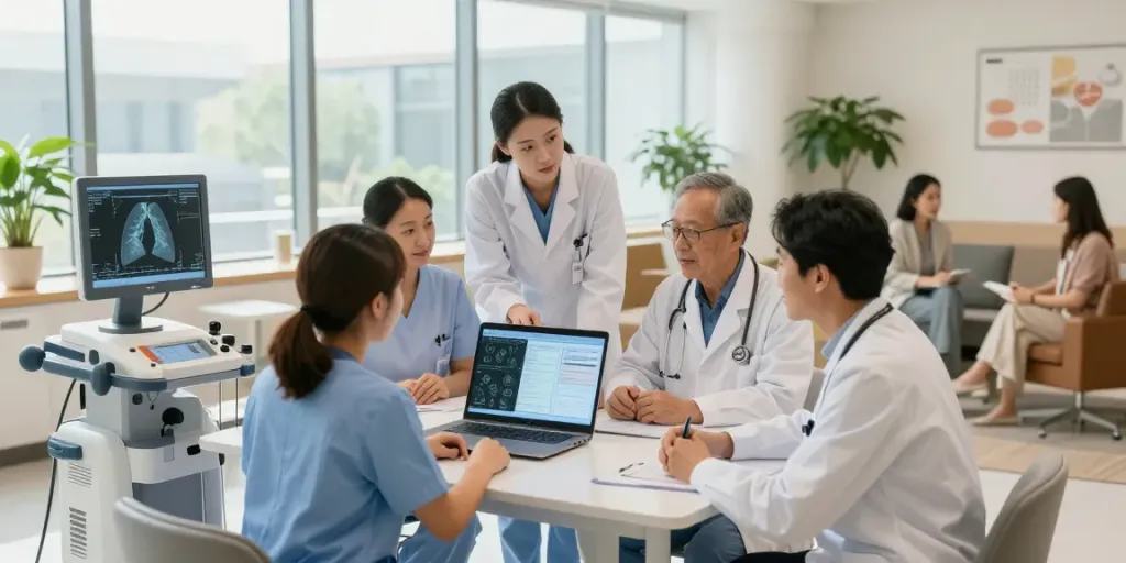 Lung cancer treatment team collaborates on a patient care plan in a modern clinic.