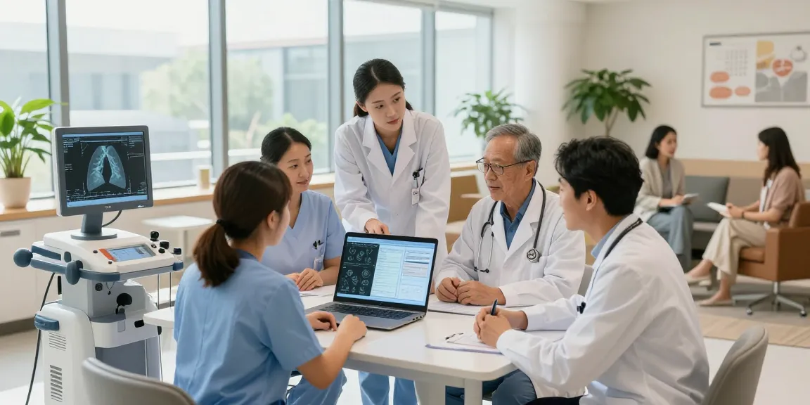 Lung cancer treatment team collaborates on a patient care plan in a modern clinic.