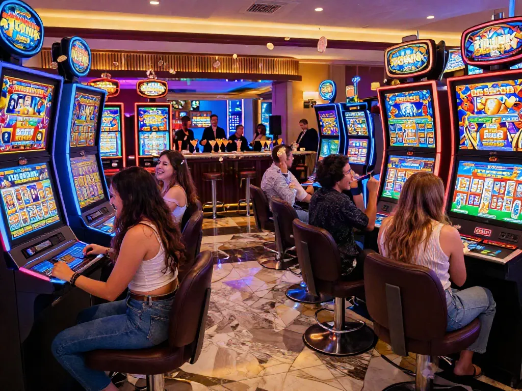 Players enjoying slot games in a vibrant casino atmosphere with colorful lights and laughter.
