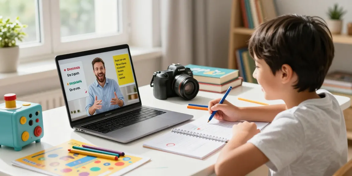 Child engaged in English classes for children with a tutor on laptop in a warm, bright room.