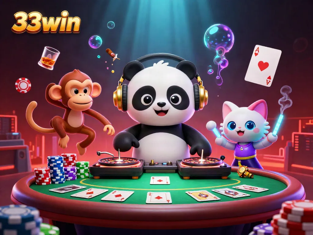 Experience the thrill of 33win as a DJ panda spins roulette, surrounded by vibrant casino elements.
