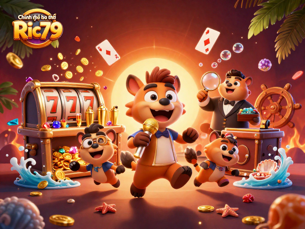Engage in the thrilling world of Chính sách bảo mật Ric79 at a lively casino scene with charming hyenas.