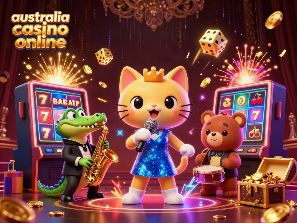Engage with the vibrant scene of a jazz-singer cat and friends celebrating at a lively australia casino online.