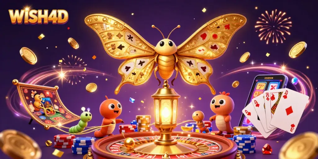 Experience the thrill of WISH4D with vibrant casino scenes, golden rewards, and captivating gameplay.