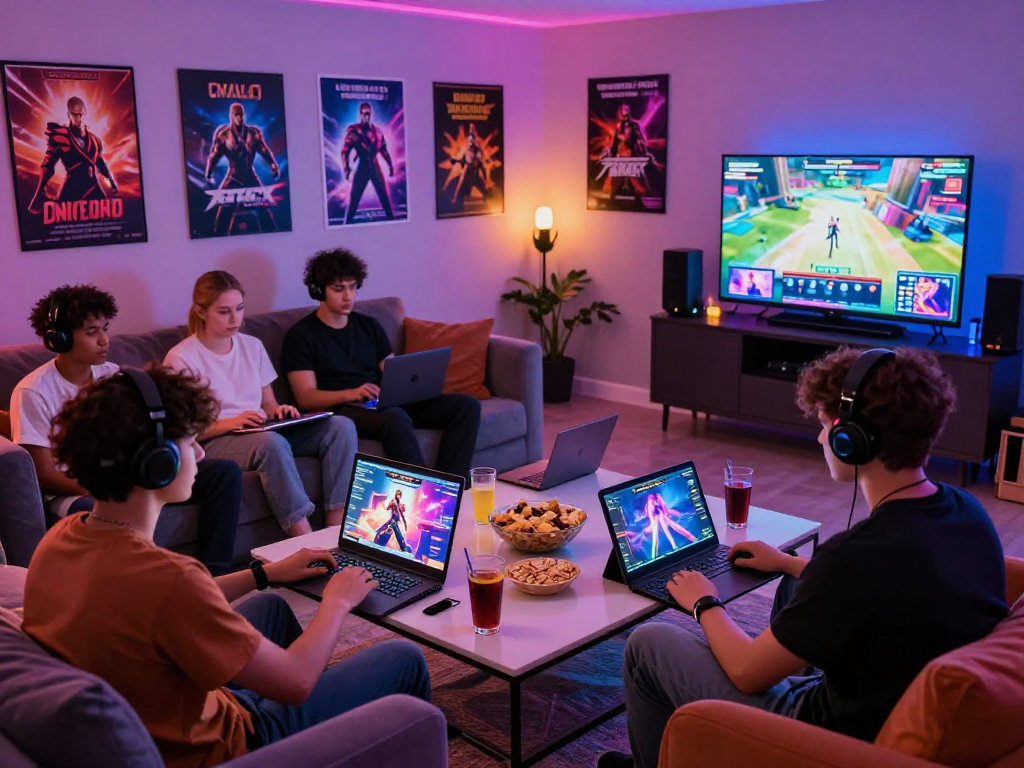 Engaging scene of friends playing porn games in a vibrant gaming lounge.