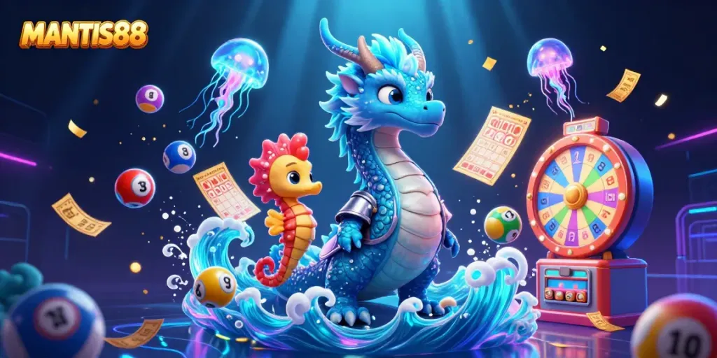 Experience thrilling gaming at MANTIS88 featuring dynamic lottery elements and a magical underwater scene.