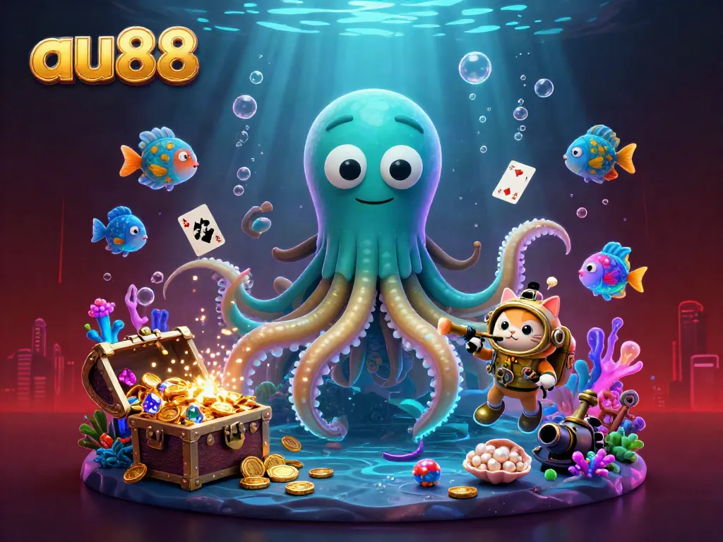 Engage with the vibrant world of au88 as a colossal kraken emerges from treasure-filled waters alongside a diving cat, illustrated in ultra-detailed 3D.