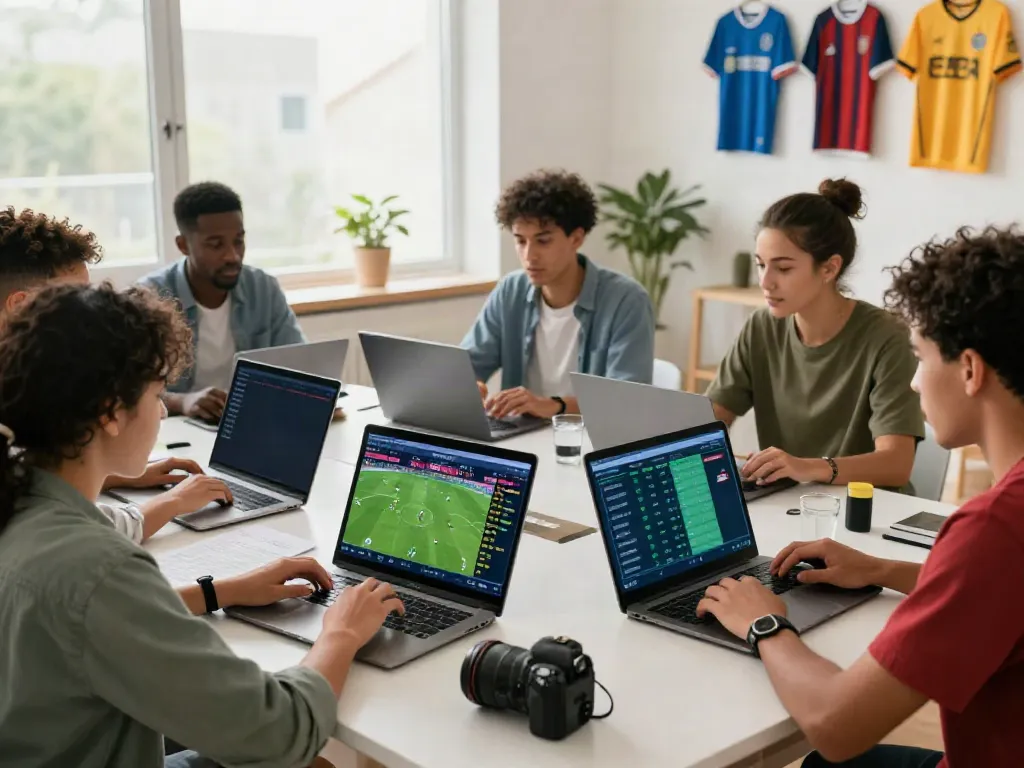 Group analyzing soccer statistics on WWBOLA betting platform with bright, engaging atmosphere.