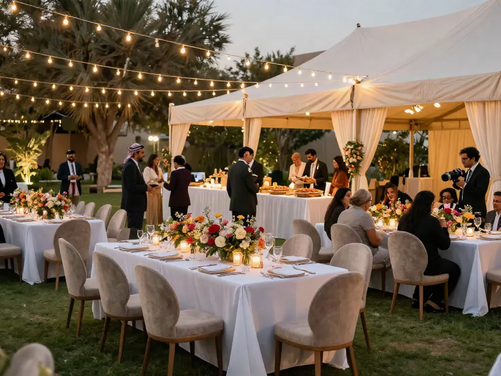 Event rental ksa elegant outdoor setup in Riyadh garden venue with guests and luxury decor.