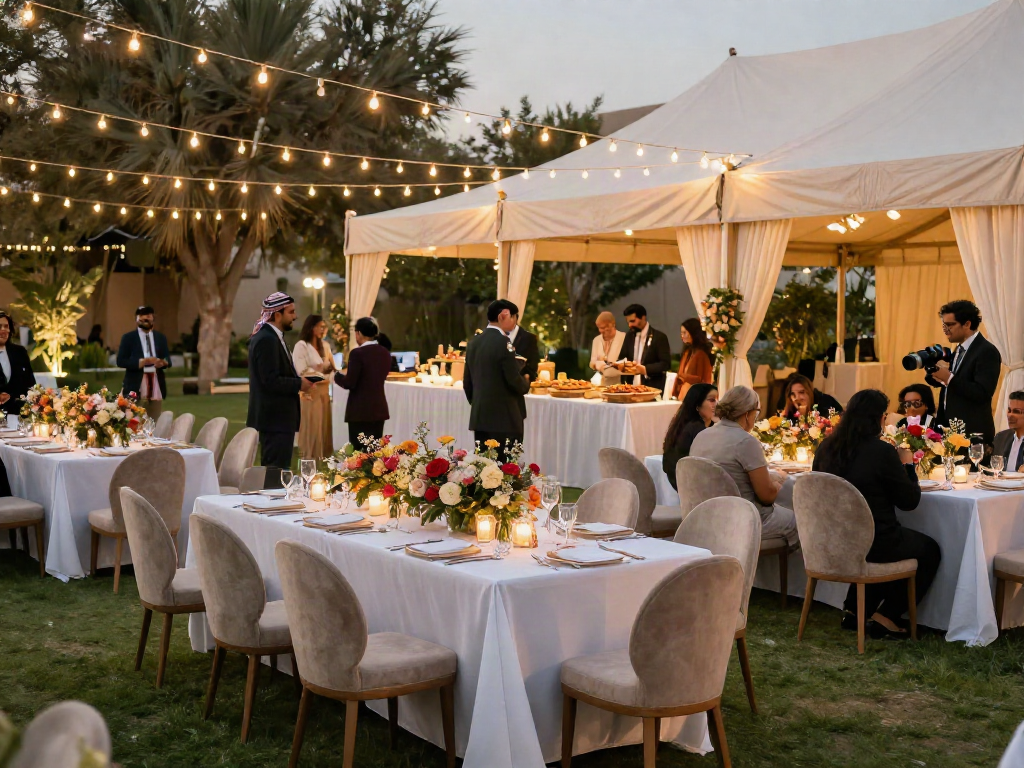 Event rental ksa elegant outdoor setup in Riyadh garden venue with guests and luxury decor.