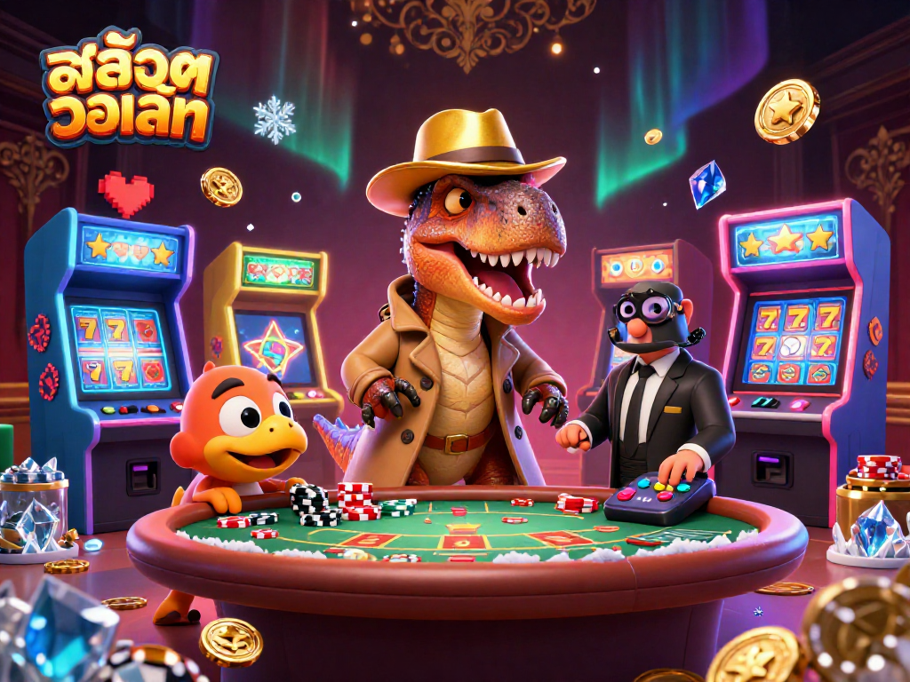 Enjoy the excitement of สล็อตวอเลท with 3D characters at a vibrant casino scene.