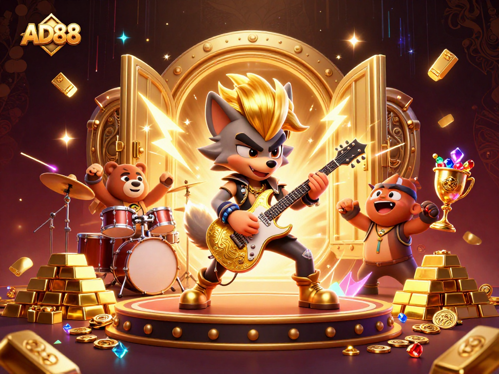 Engage with AD88's exciting casino features as a 3D rock star wolf and a drummer bear electrify the stage.