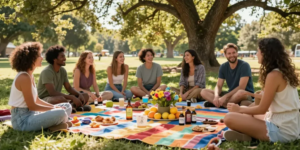Enjoying cheap tobacco and cigarettes online with friends outdoors, surrounded by organic snacks and CBD oil.