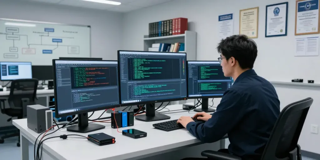 Digital forensics analyst examining data in a modern lab setting.
