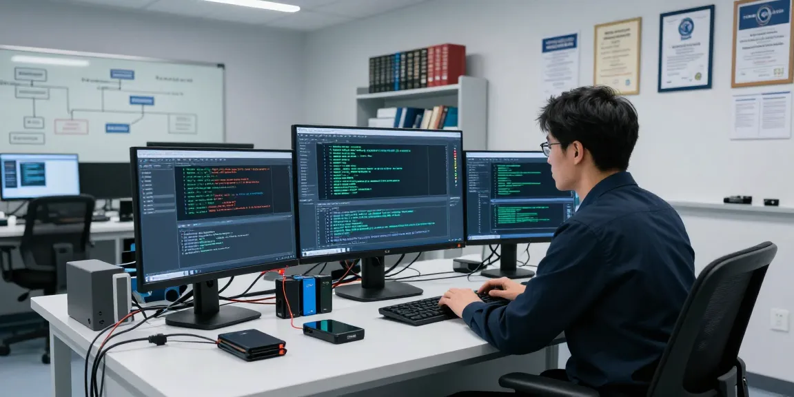 Digital forensics analyst examining data in a modern lab setting.