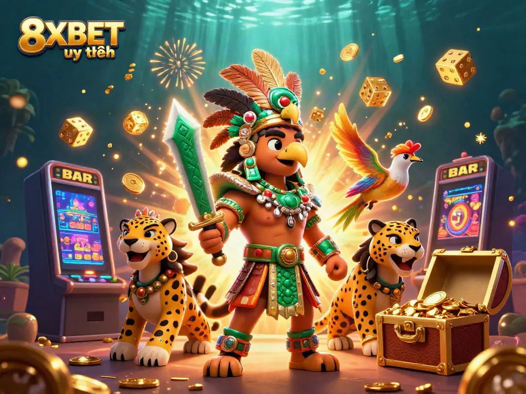 Experience the vibrant world of 8XBET uy tín through a dynamic scene with Aztec warriors and jackpot symbols.