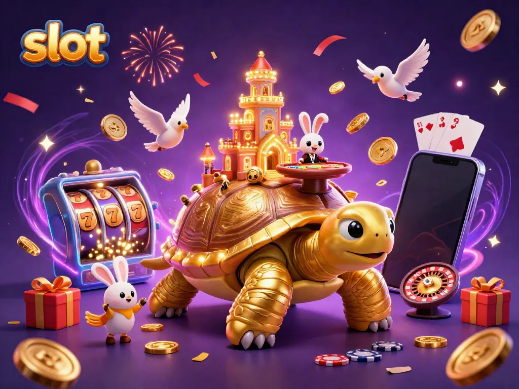 Experience the excitement of slot games with a golden tortoise casino scene, featuring vibrant elements.