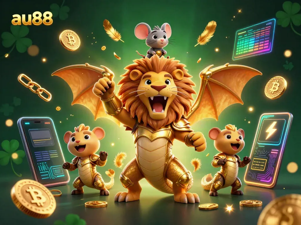 Enhance your winnings at au88 with a majestic chimera and vibrant cryptocurrency elements.