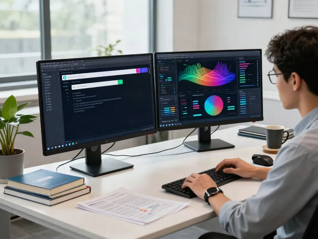 Data scientist using a dataset search tool in a modern workspace filled with tech and analytics.
