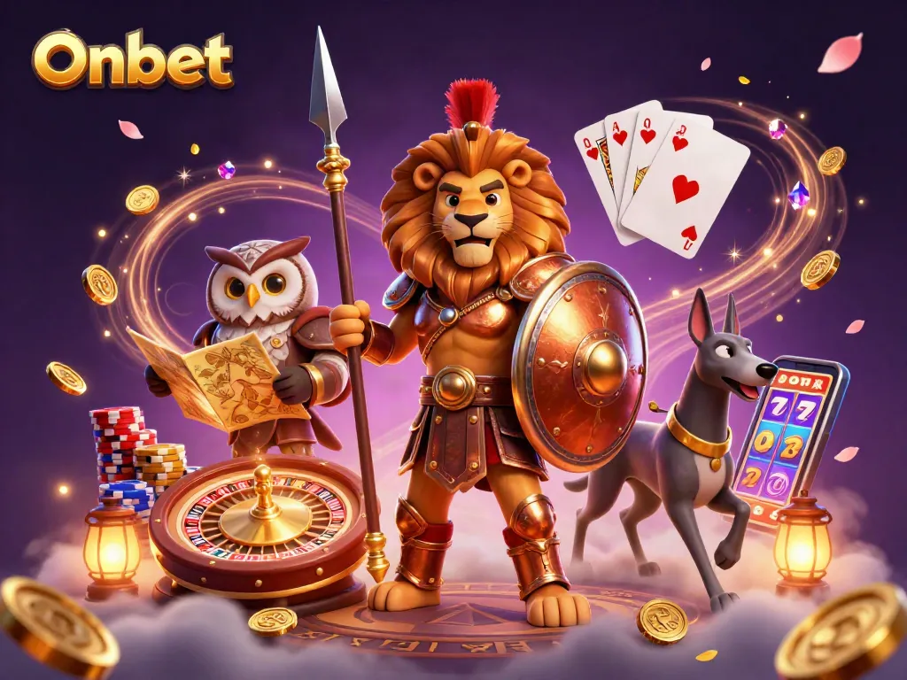 Onbet brings thrilling casino action with cascading coins and vibrant characters in a 3D illustration