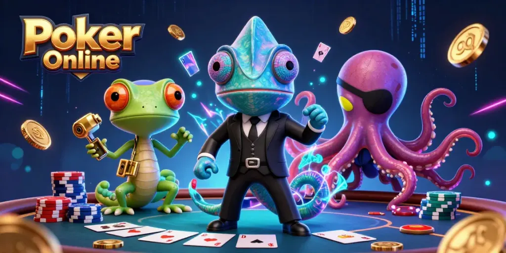 Experience exciting Poker Online action with dynamic poker elements and characters in a vibrant illustration.