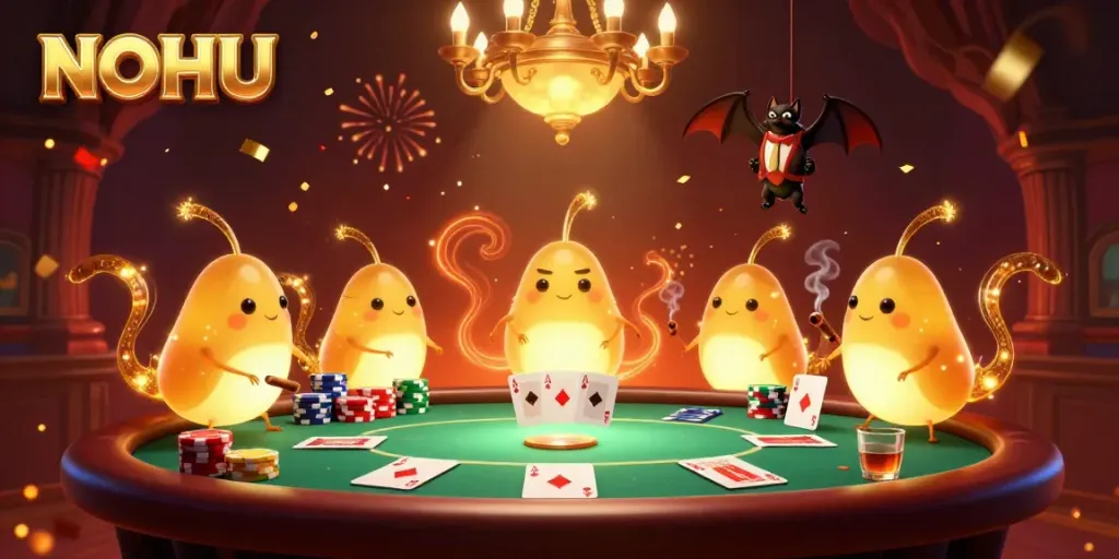 Experience the excitement at NOHU casino with glowworms illuminating a vibrant poker game scene.