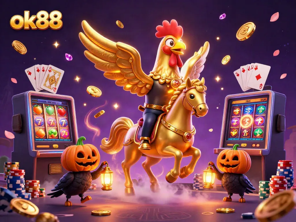 Experience the thrill at ok88 as golden rooster rides through a vibrant casino scene filled with gems.