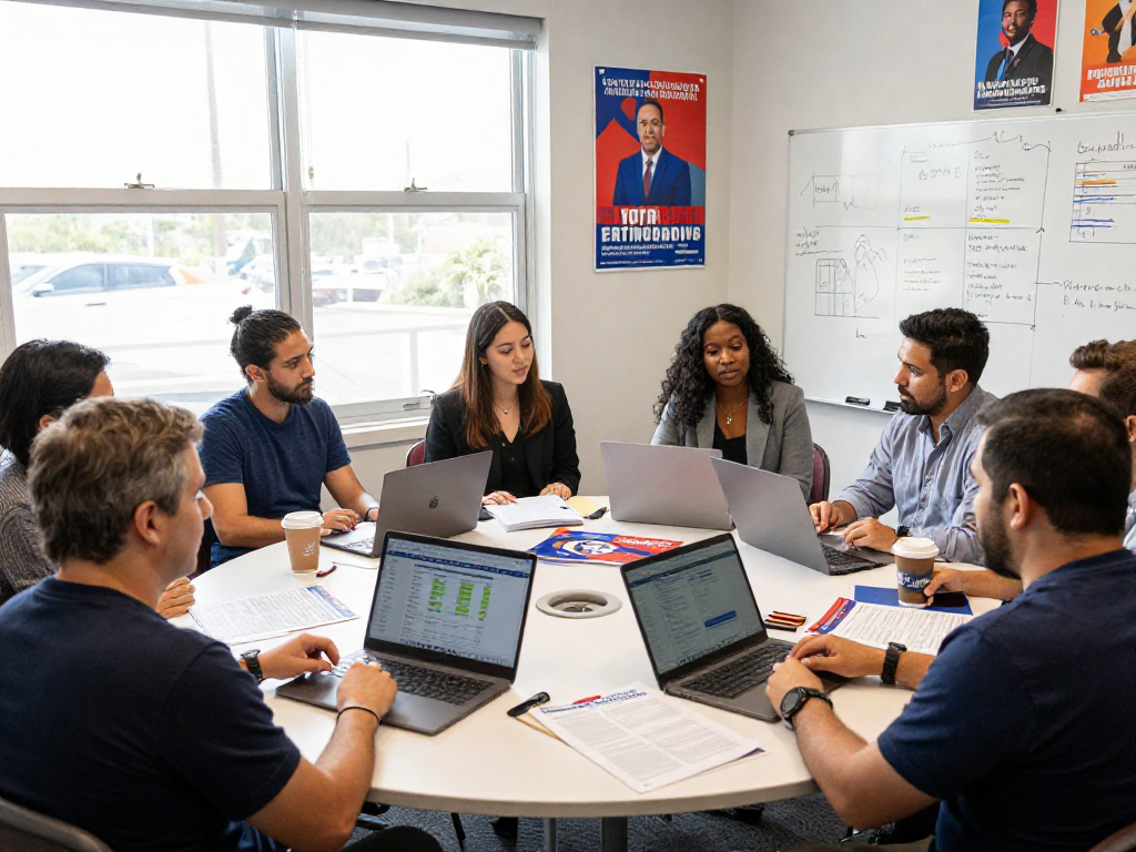 Team strategizing political marketing with generative engine optimization political data in a vibrant campaign office.