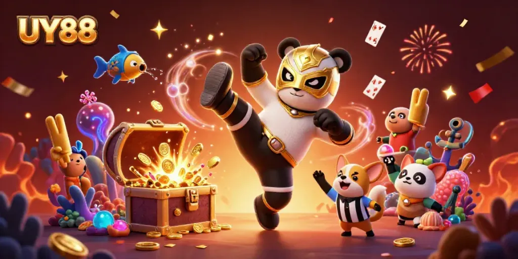 Experience thrilling gameplay at UY88 with exciting elements like floating cards and golden coins.