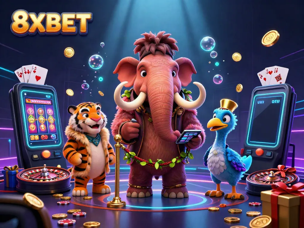 Experience the vibrant 8XBET casino atmosphere with our lively 3D illustration featuring a woolly mammoth bouncer, a saber-tooth tiger guest, and a dodo doorman.