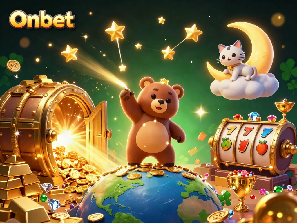 Experience thrilling slots at Onbet with an enchanting scene of a constellation bear scooping coins surrounded by riches.