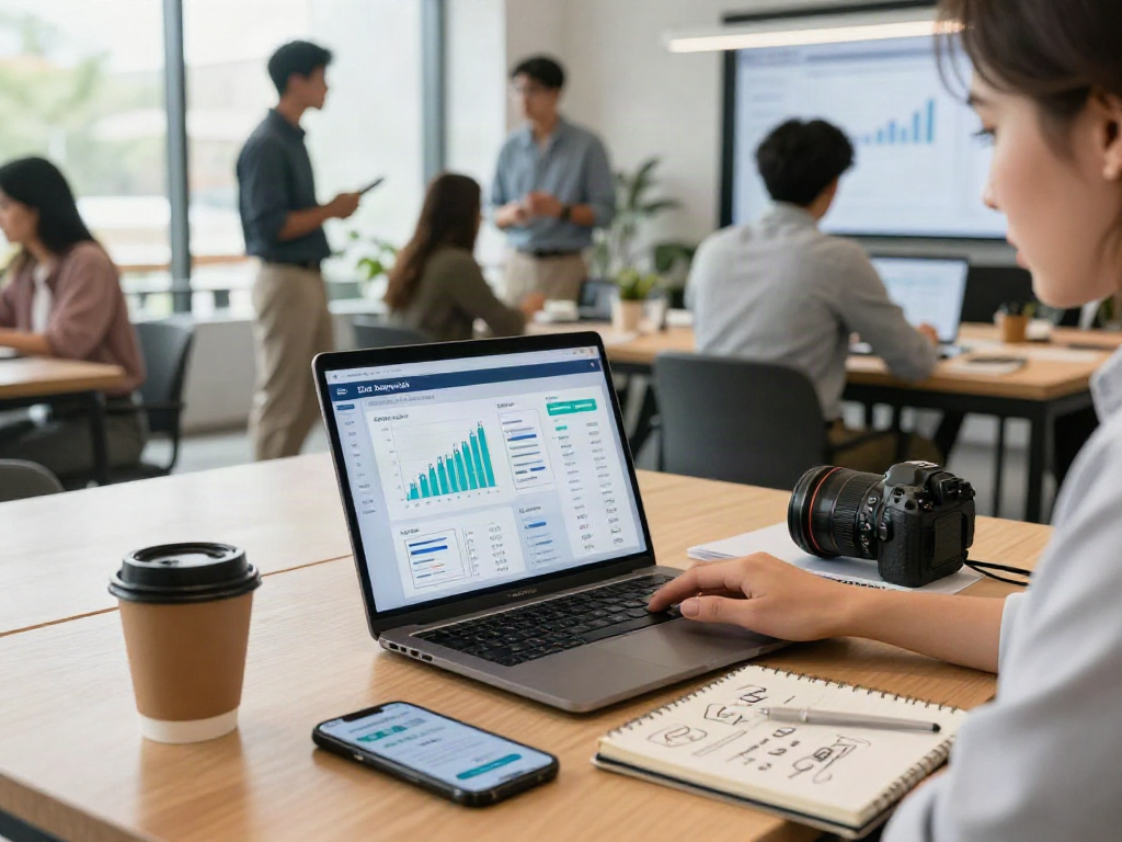 Business professional analyzing slot deposit qris trends in a modern co-working environment with financial reports and energetic collaborative atmosphere.