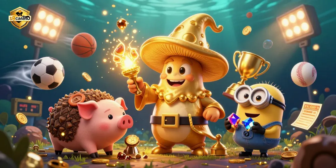 S8casino's vibrant illustration showcases a golden wizard channeling magic, surrounded by dynamic sports elements.