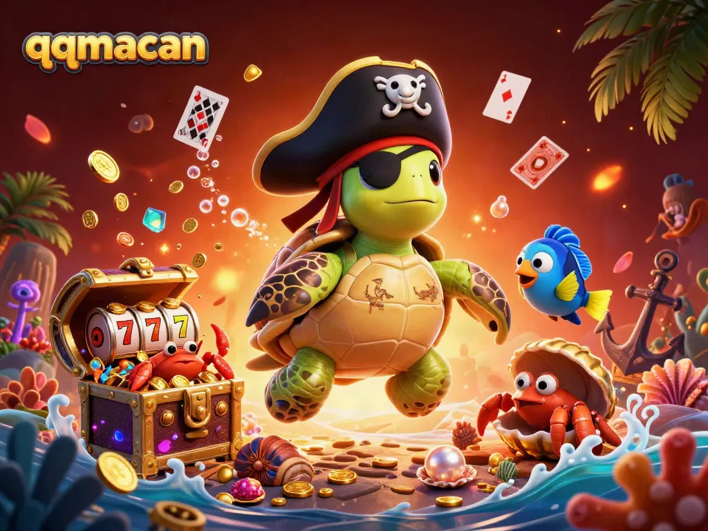 Experience thrilling gameplay with qqmacan's vibrant casino adventure above treasure chests and slot symbols.
