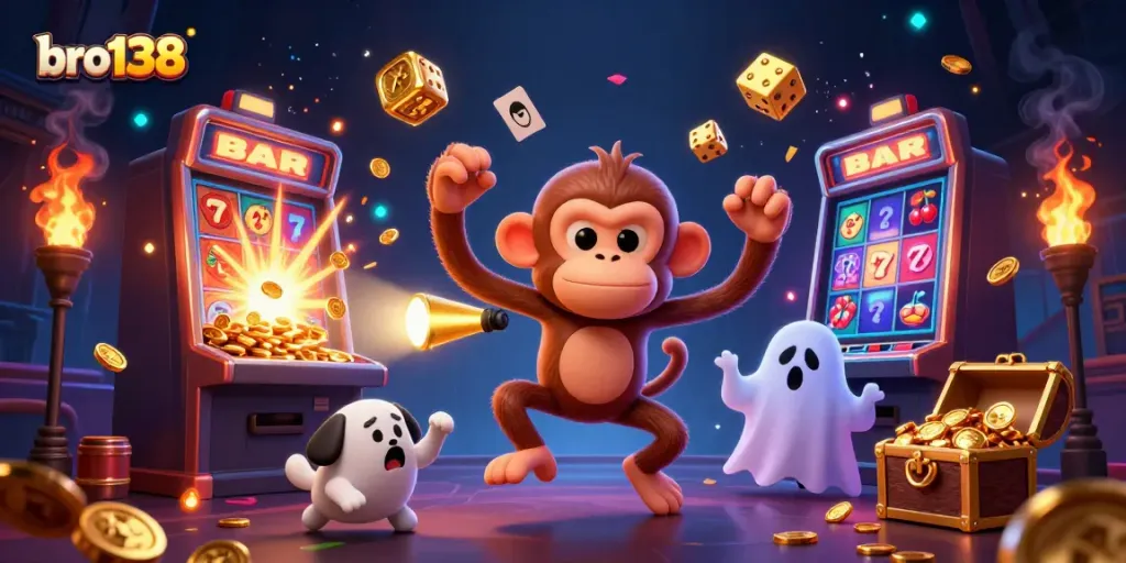Experience thrilling gameplay at bro138 with the mischievous monkey and ghost-hunter puppy in action.
