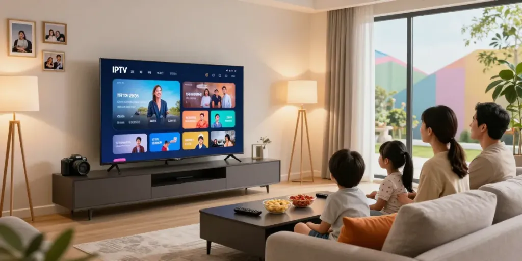 Family enjoying the best IPTV experience in a cozy living room with a large TV.