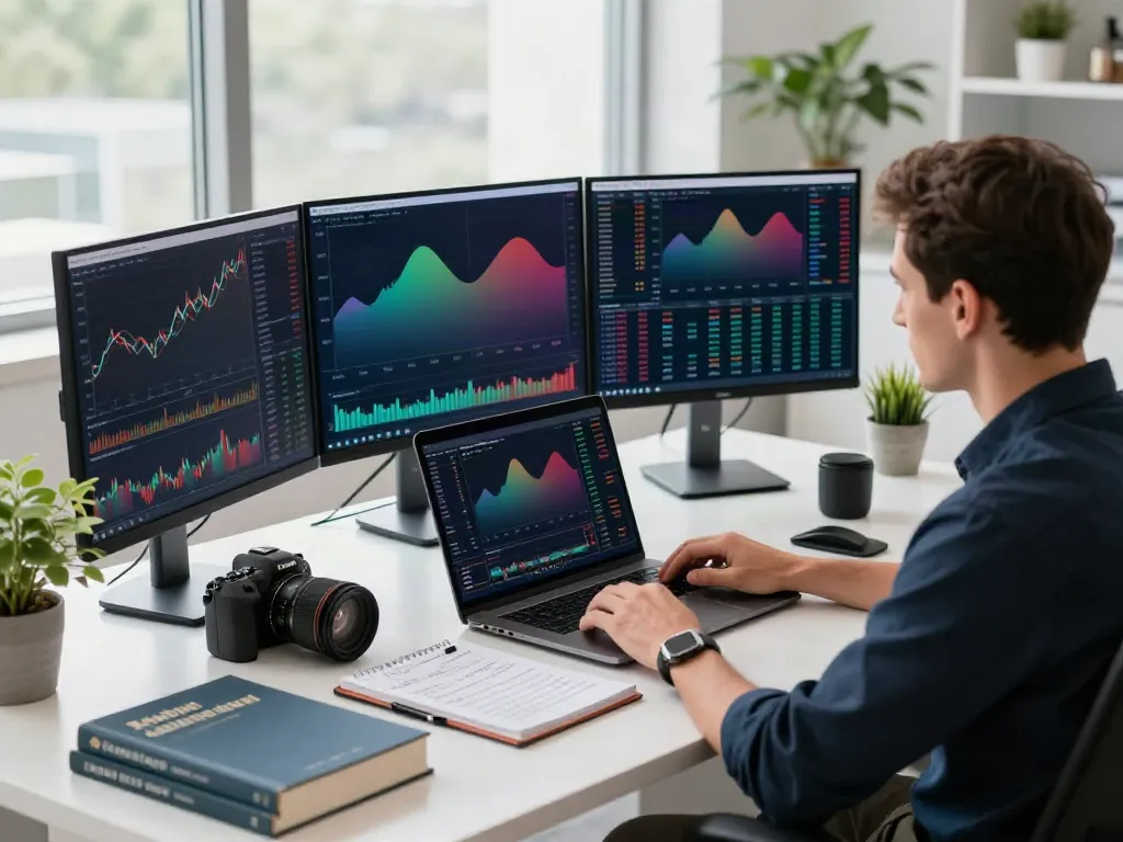 Tech trader analyzing trading data from tradingview官网 in a modern workspace.