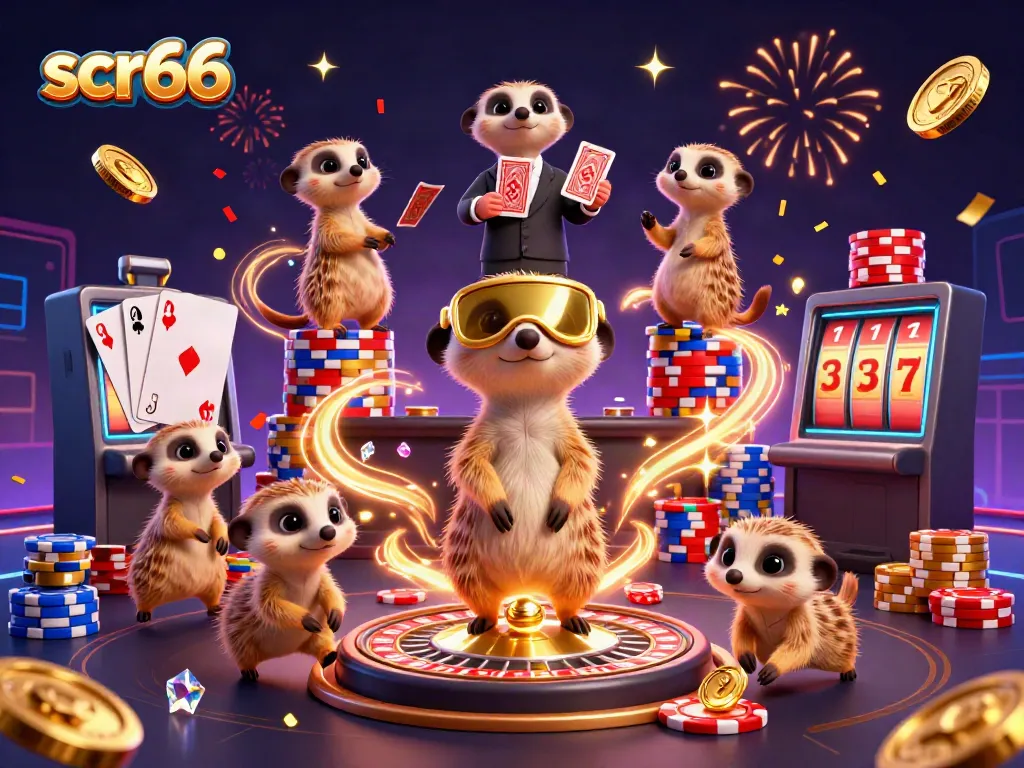 Experience the thrilling scr66 casino scene with meerkats, chips, and dynamic gaming elements.